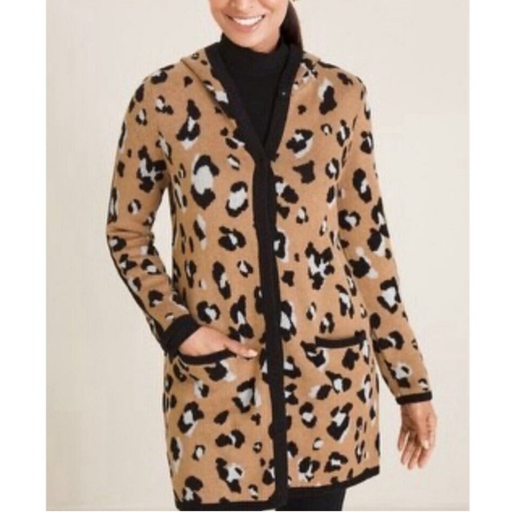 Chico’s Leopard Animal Print Hooded Long Cardigan Sweater Size M